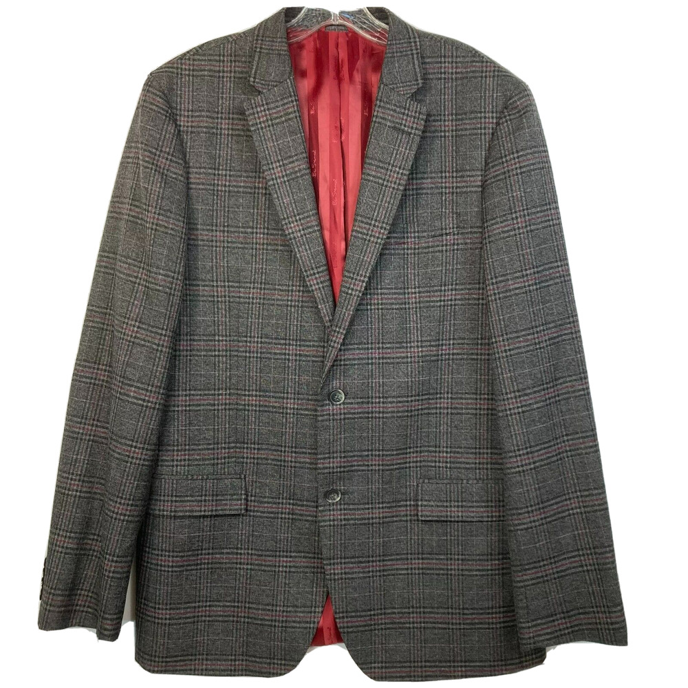 Ben Sherman Jacket Blazer Mens Sz 42L Gray Red Glen Plaid Sport Coat Pockets‎